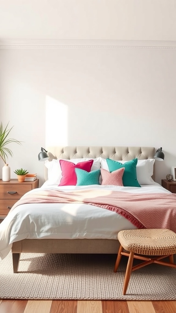 A cozy bedroom featuring a bed with vibrant pink and green accent pillows, a soft blanket, and a stylish wooden stool.