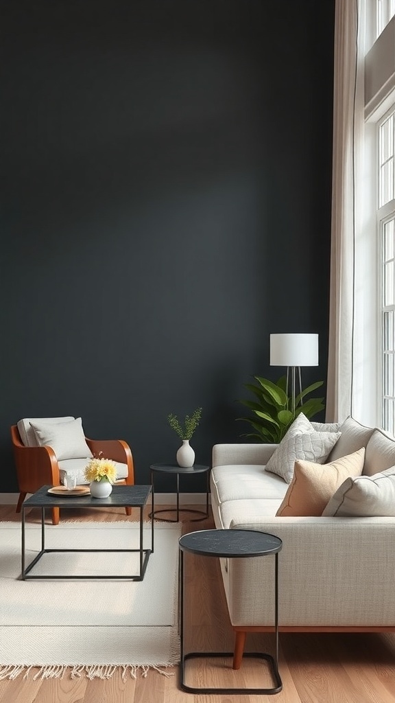 Living room with a dark accent wall and light furniture