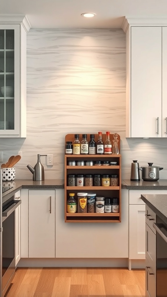 Modern kitchen with an accent wall featuring a built-in spice rack, showcasing organized spices and a sleek design.