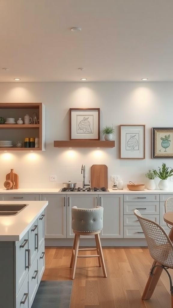 A modern kitchen featuring an accent wall with integrated lighting, showcasing framed artwork and decorative items.