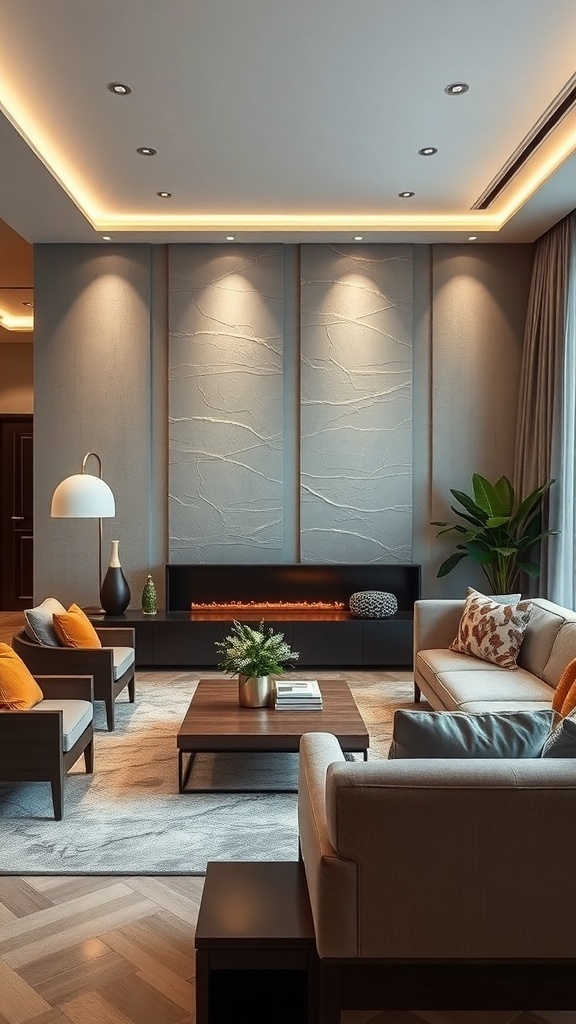 Stylish living room featuring an accent wall with lighting, showcasing a modern design.