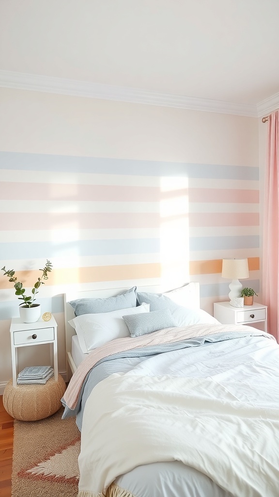A pastel-striped accent wall in a cozy bedroom with a bed, nightstands, and a plant.