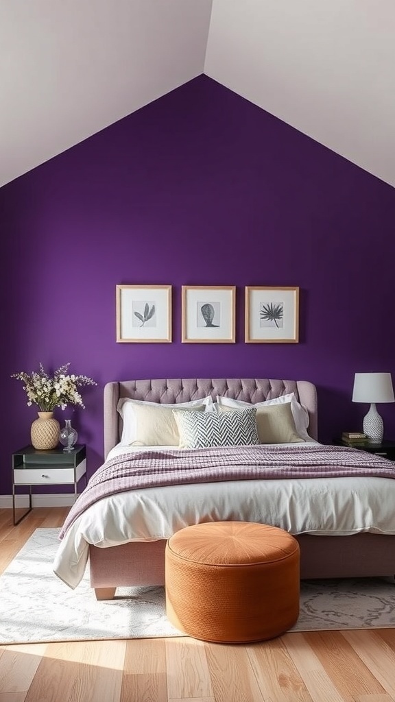 A romantic bedroom featuring a bold purple accent wall, a stylish bed, and warm decor elements.