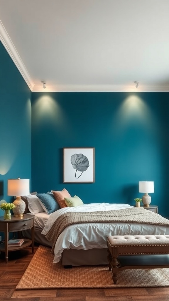 A small master bedroom featuring a teal accent wall, neutral bedding, and warm lighting.