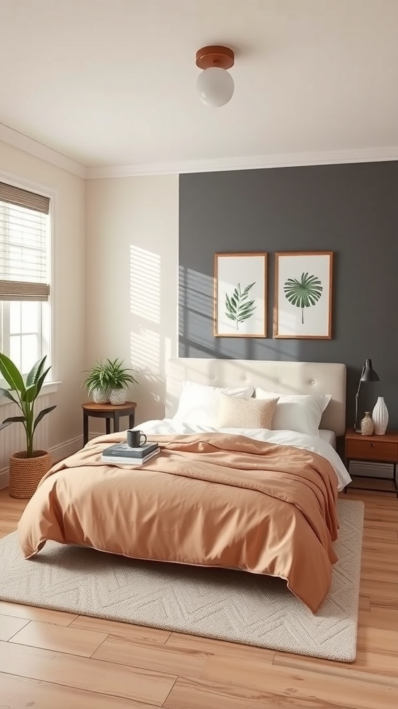 A small bedroom with a dark gray accent wall, light bedding, and botanical prints.