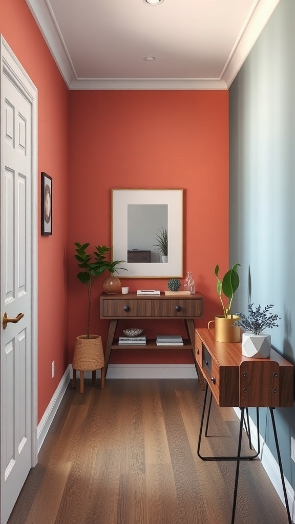 A small hallway featuring a coral accent wall, a blue wall, a wooden console table, and potted plants.
