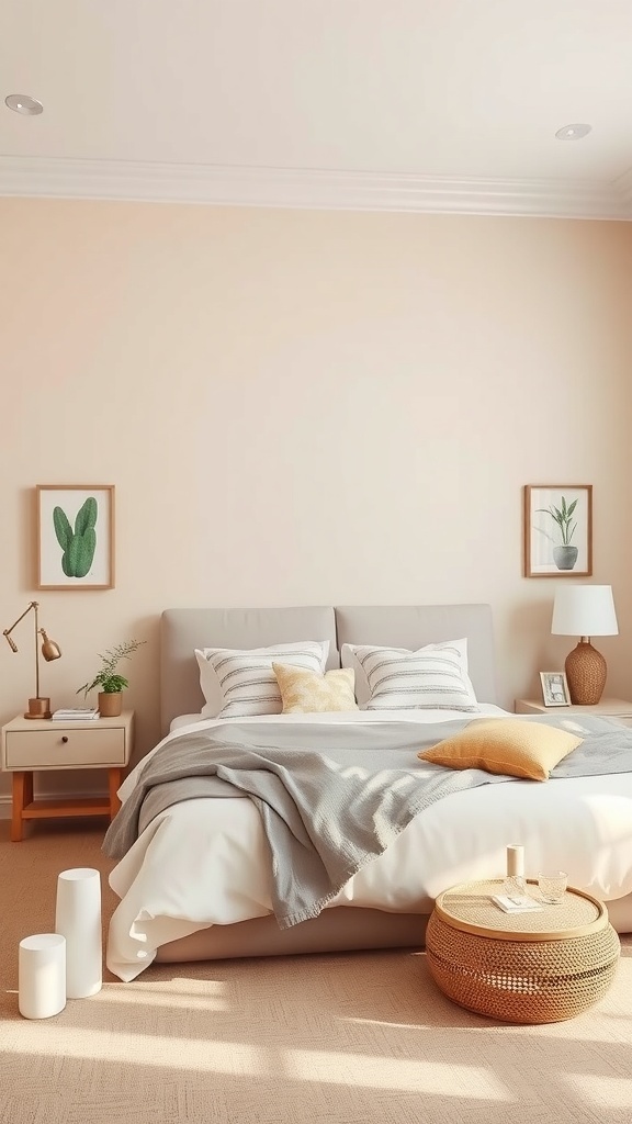A neutral bedroom with a soft peach accent wall, cozy bedding, and plant-themed artwork.