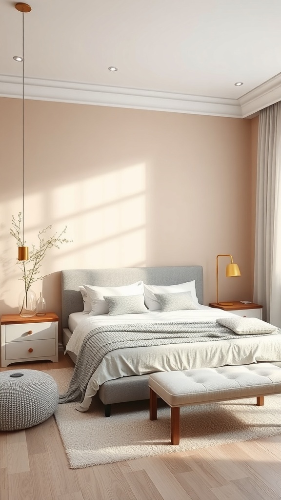 A neutral bedroom featuring a soft peach accent wall, gray bedding, and wooden furniture.