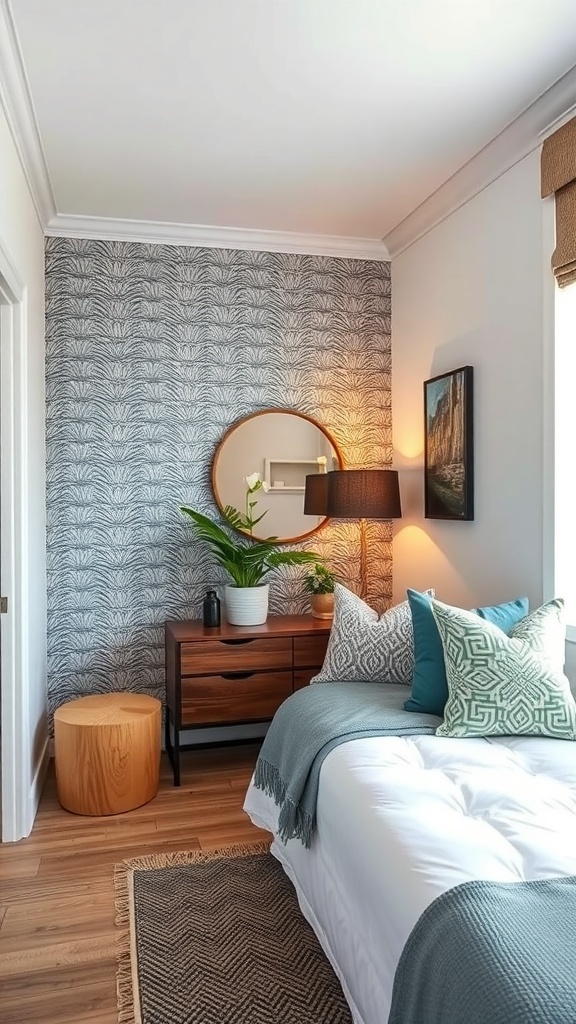 A cozy guest bedroom featuring a patterned accent wall, wooden furniture, and decorative pillows.