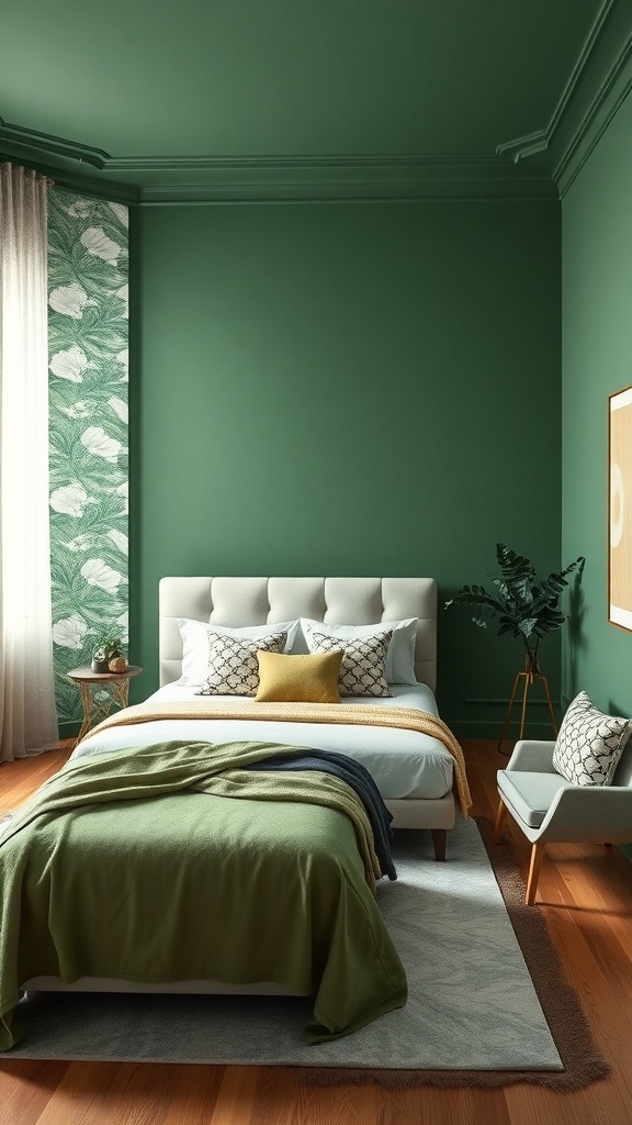 A cozy green bedroom featuring an accent wall with leafy wallpaper, a comfortable bed with layered bedding, and stylish furniture.
