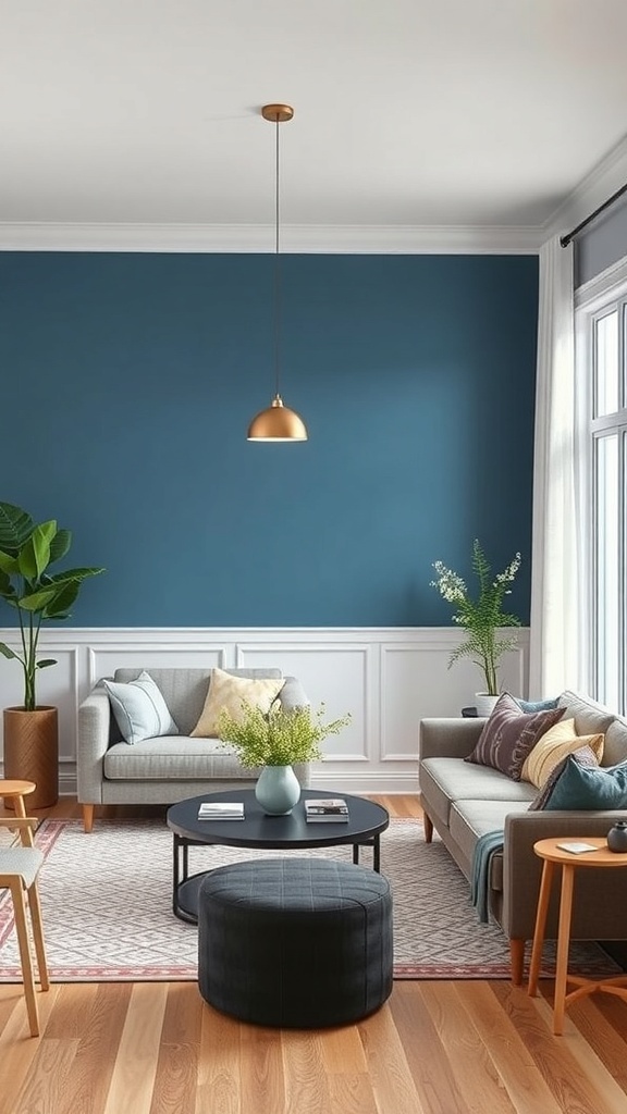 A living room featuring a bold blue accent wall, stylish furniture, and decorative plants.