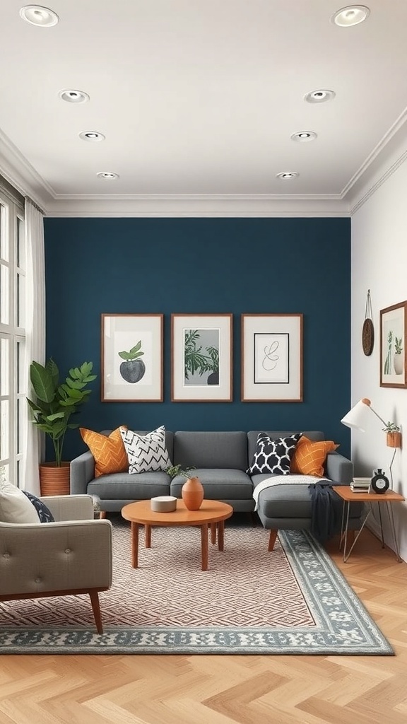 A small lounge room featuring a bold blue accent wall, grey sofas, and vibrant cushions.