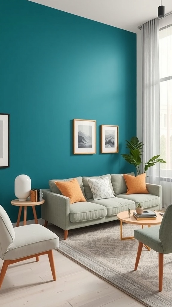 A cozy living room featuring a teal accent wall, light gray furniture, and orange cushions.