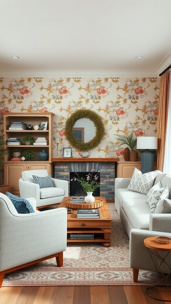 Cozy cottage living room with floral wallpaper accent wall, comfortable seating, and a warm atmosphere.