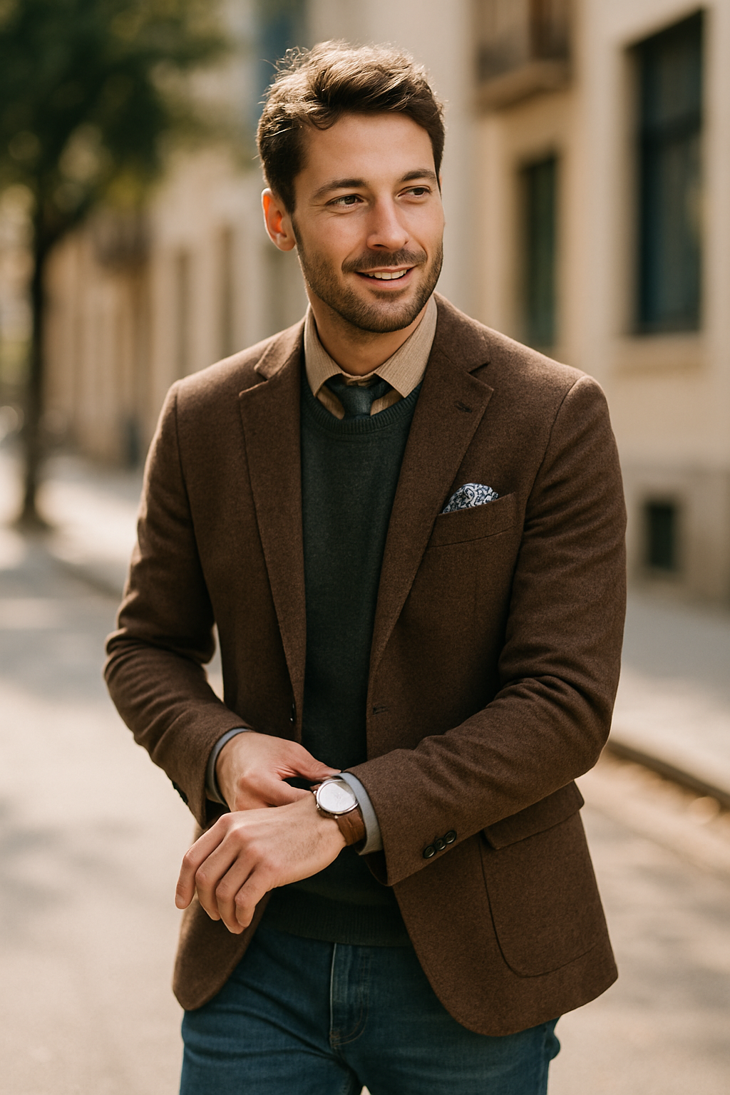 Hombre con blazer marrón, camisa y corbata, sonriendo en una calle