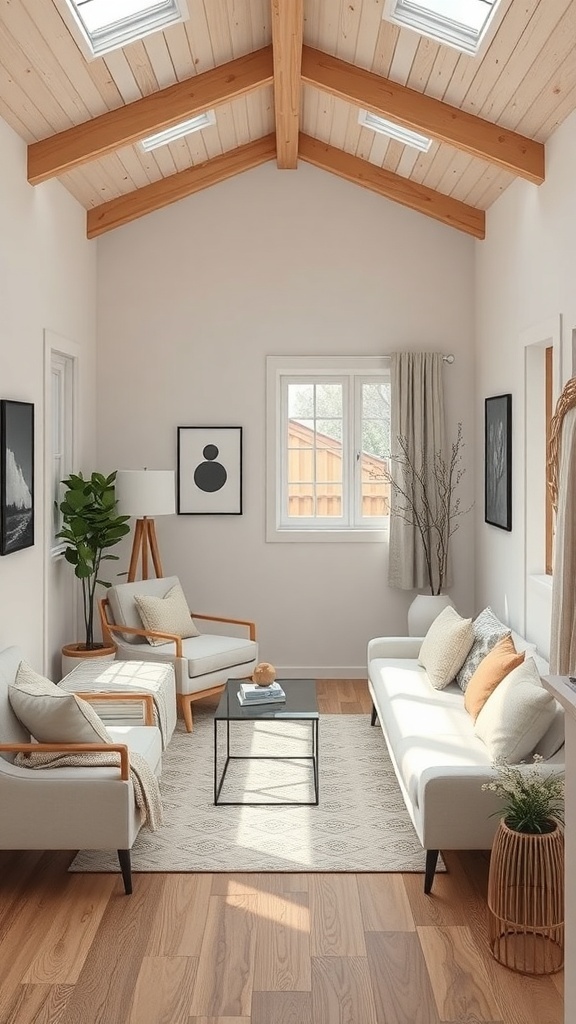 A cozy living room in a tiny house with high ceilings, large windows, and accessible furniture arrangement.