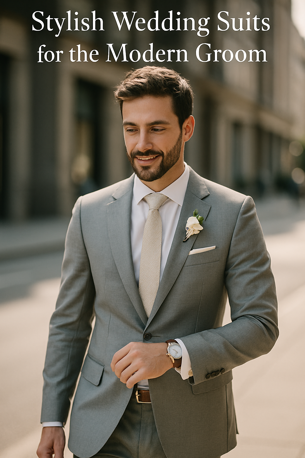 A modern groom in a grey suit with a light tie and boutonnière, smiling confidently.