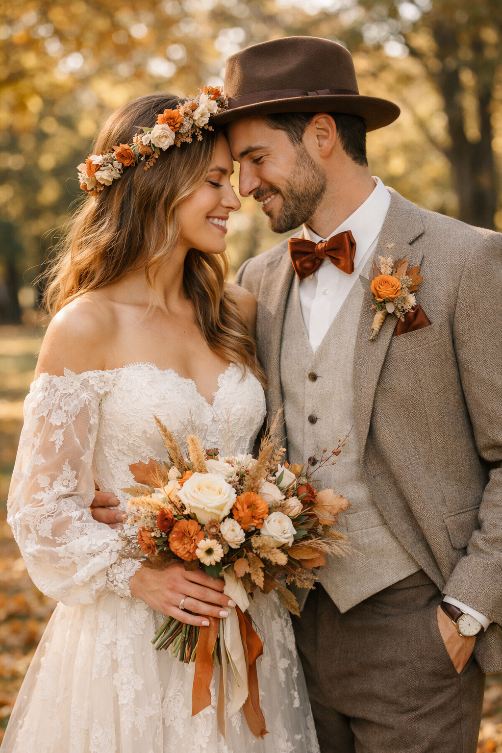 A couple in an autumn setting, with the bride wearing a floral crown and the groom wearing a hat, both accessorized beautifully.