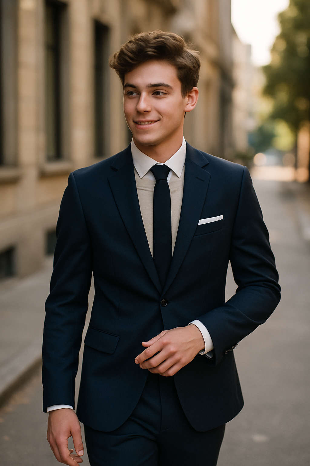 A young man in a navy suit walking confidently down a city street.
