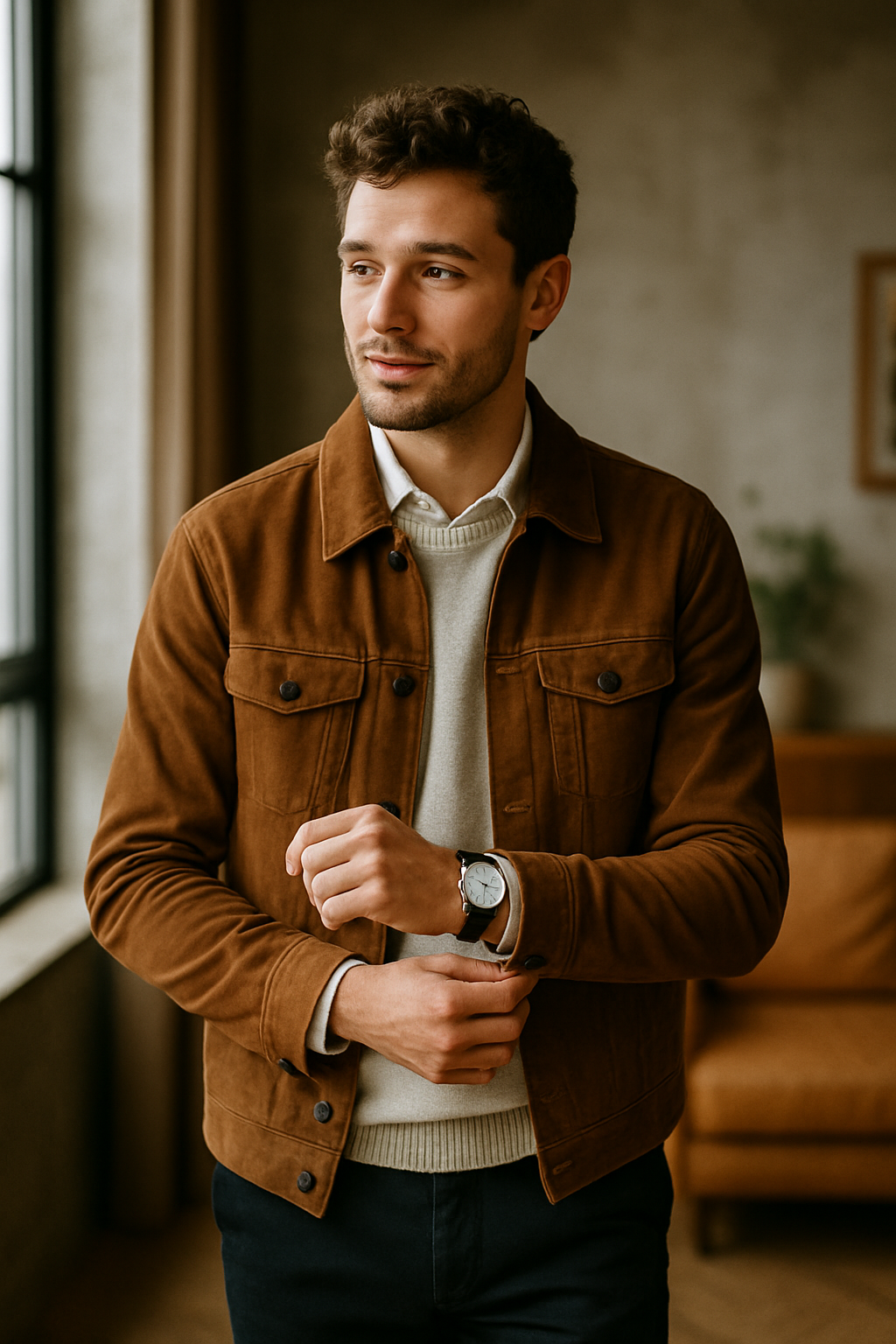 A man wearing a brown jacket, white sweater, and a watch, standing by a window.
