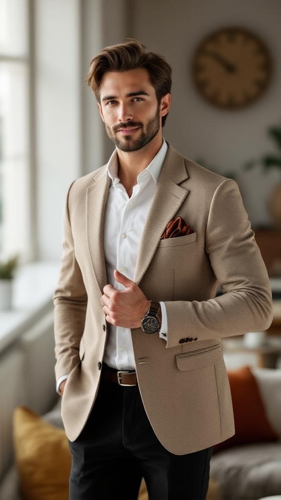 A man in a beige blazer with a white shirt and a pocket square, standing confidently.