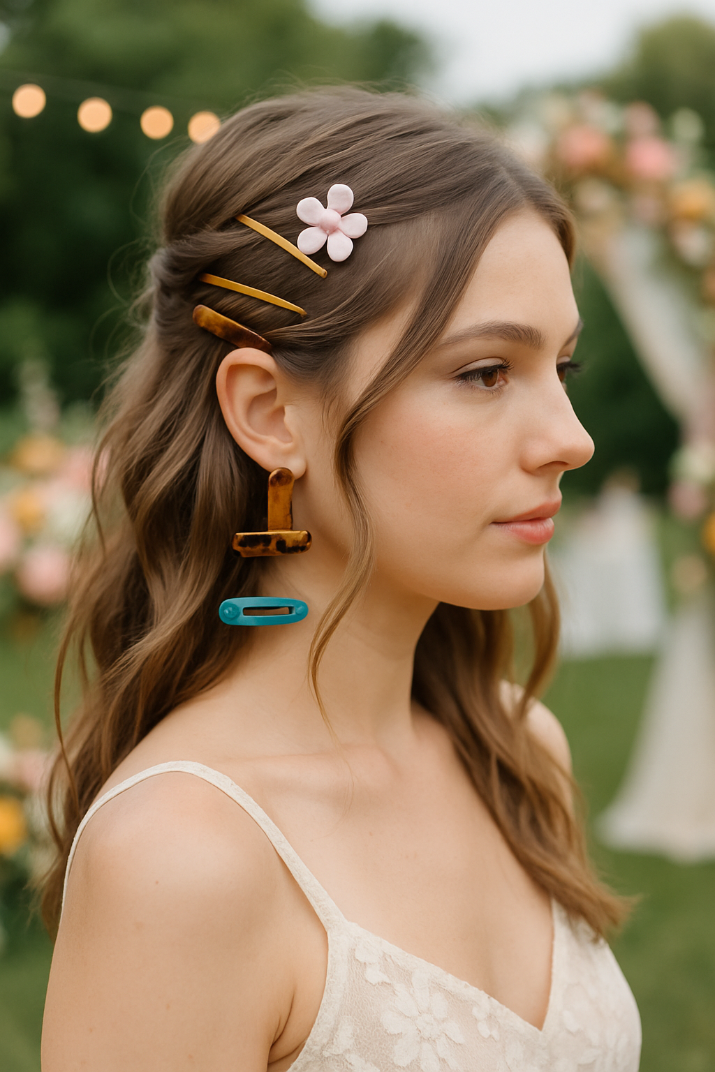 A woman with a hairstyle featuring clips and a flower accessory, showcasing a casual and elegant look.