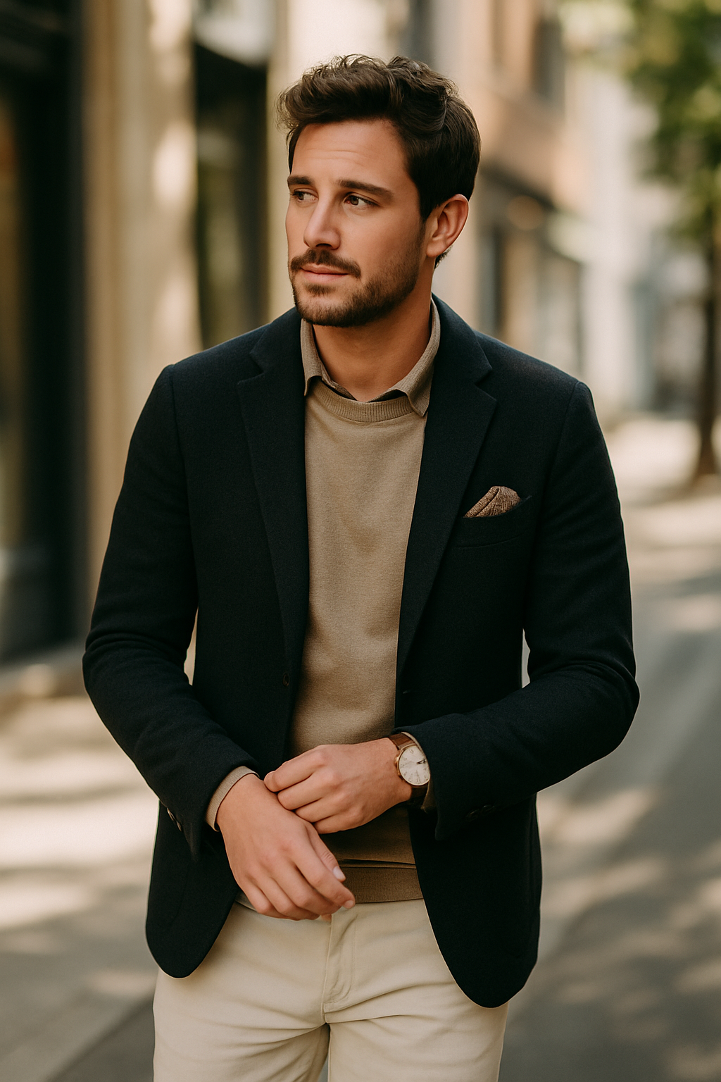 A man wearing a black blazer with a beige sweater, accessorized with a watch and pocket square.