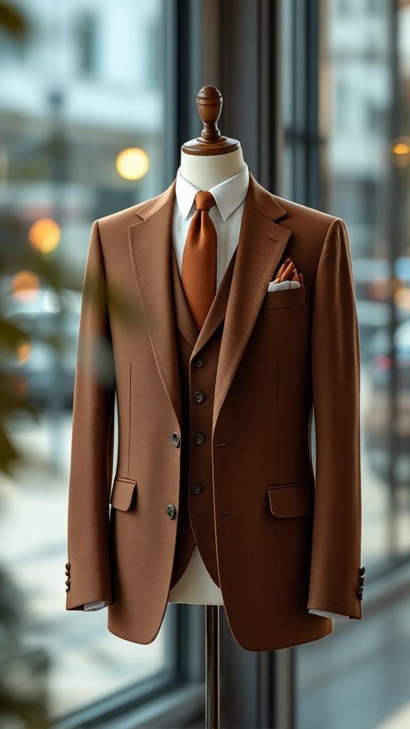 A stylish brown suit displayed on a mannequin with a matching tie and pocket square.