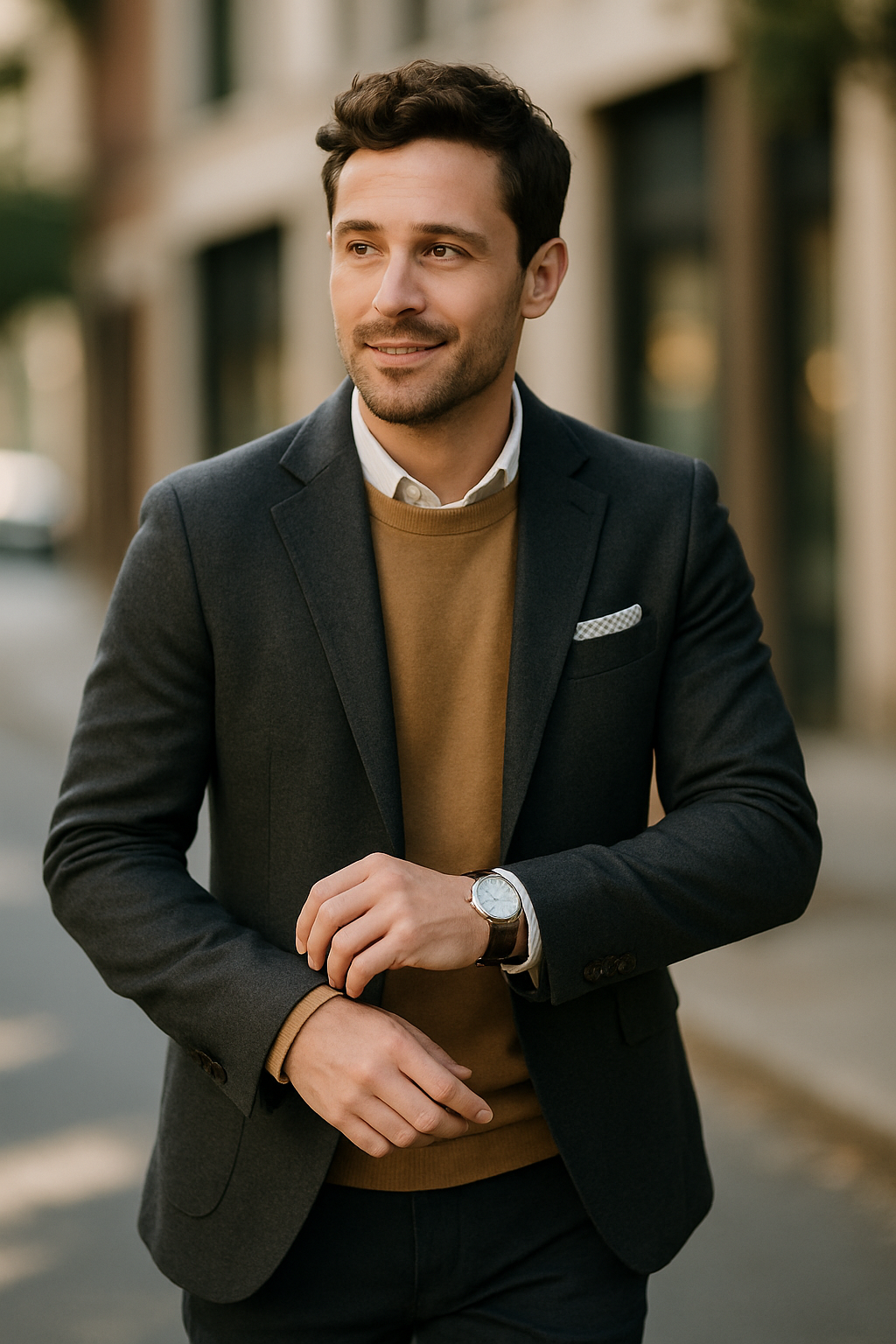 Man wearing a charcoal blazer with a brown sweater, accessorized with a watch and pocket square.
