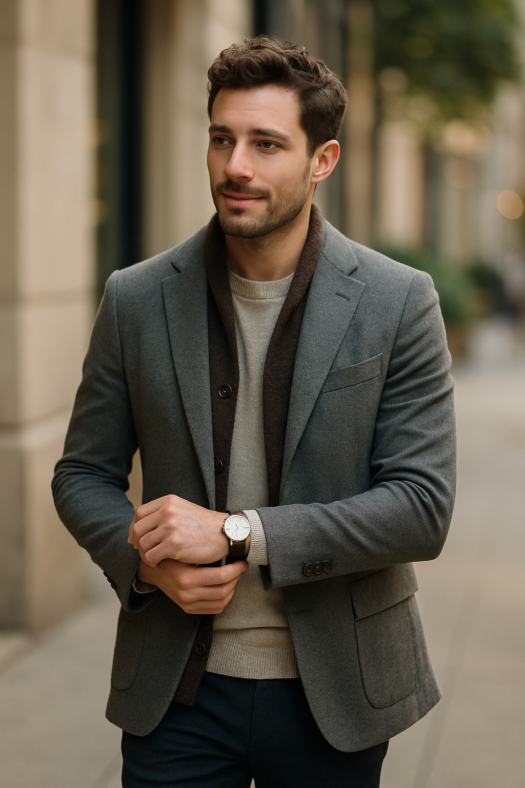 A man wearing a gray suit with a sweater and scarf, showcasing stylish accessories.