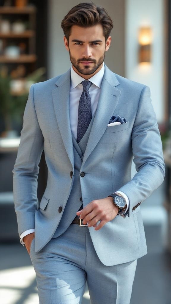 A man in a light blue suit with a white shirt and a patterned tie, accessorized with a watch and pocket square.