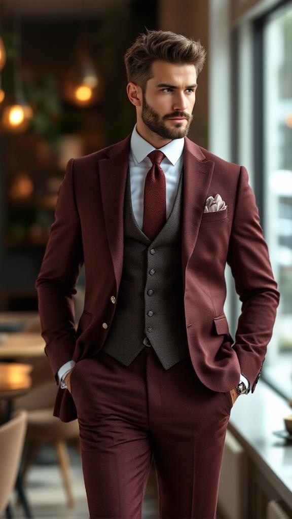 A man wearing a maroon suit with a vest and tie, showcasing a stylish look for formal events.