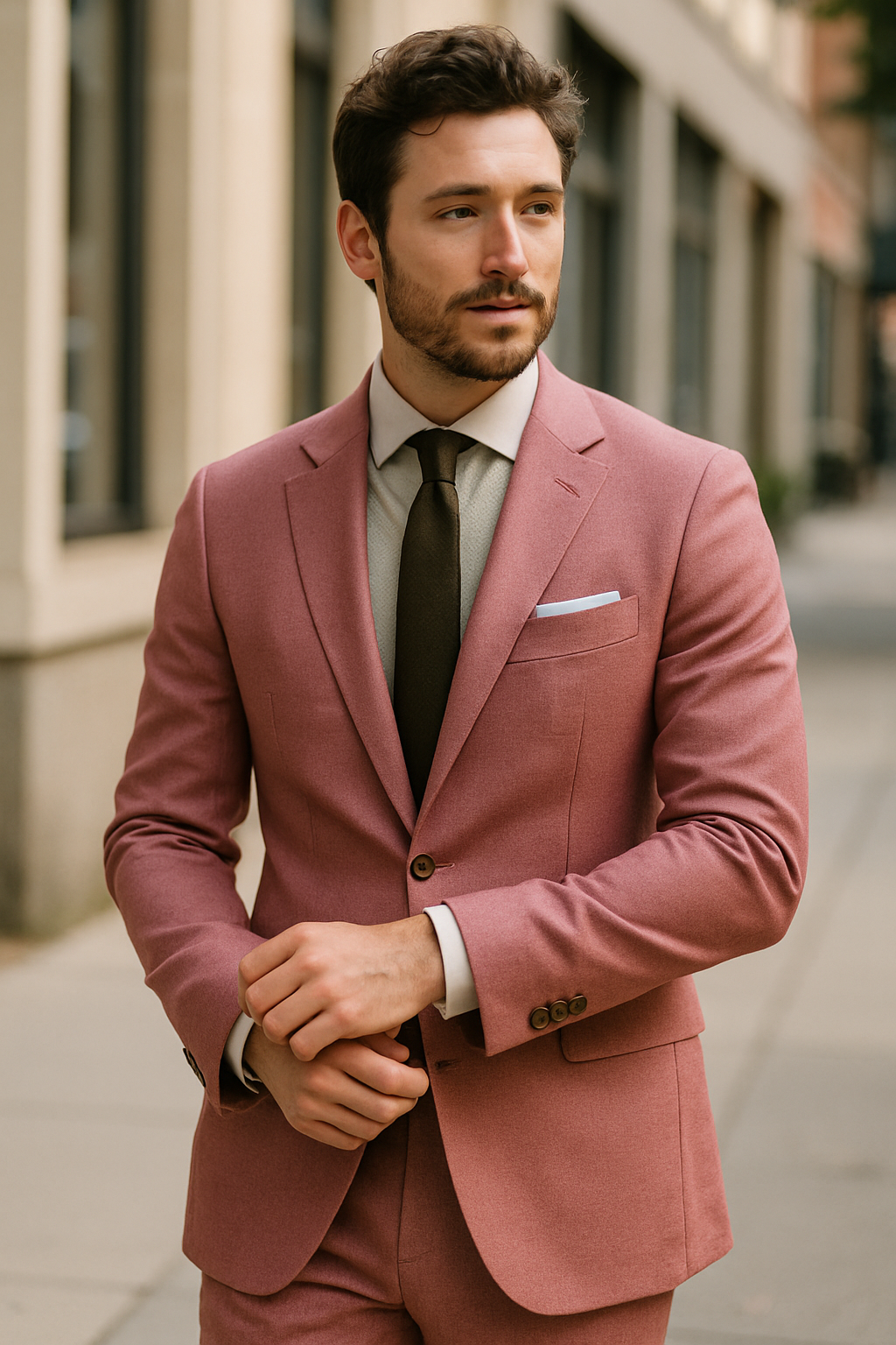 A man in a pink suit with a tie, standing confidently outdoors.