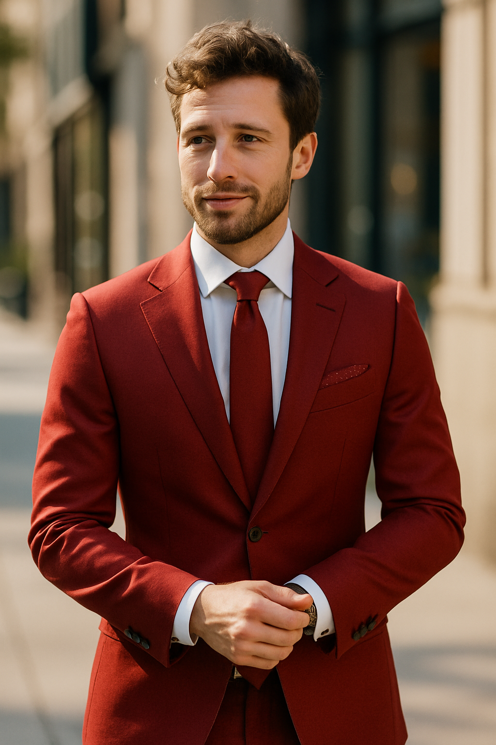 A man wearing a red suit with a white shirt and a matching tie, standing confidently outdoors.
