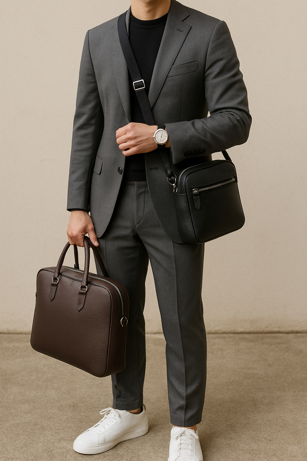 A man in a tailored suit with sneakers, walking confidently on a city street.