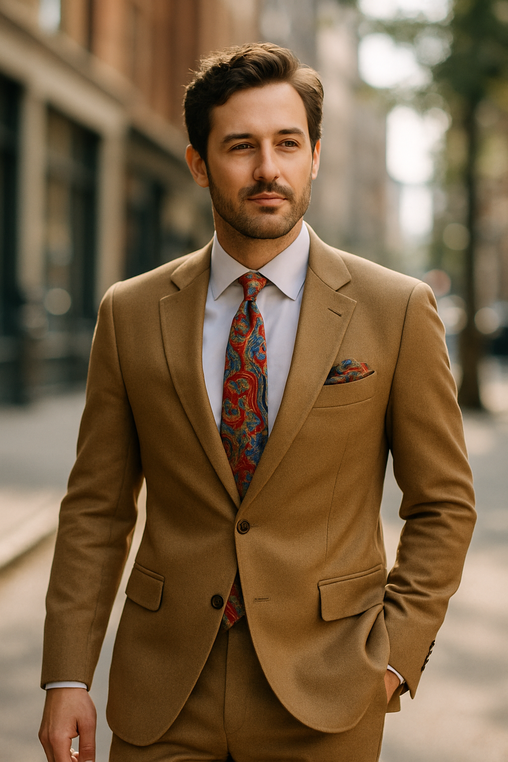 A man in a tan suit with a colorful tie and pocket square, walking confidently on a city street.