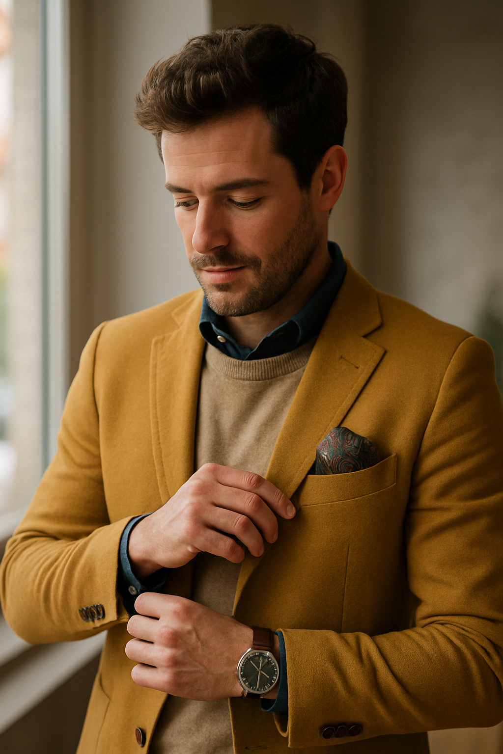 A man wearing a yellow blazer with a beige sweater and blue shirt, accessorized with a patterned pocket square and a watch.