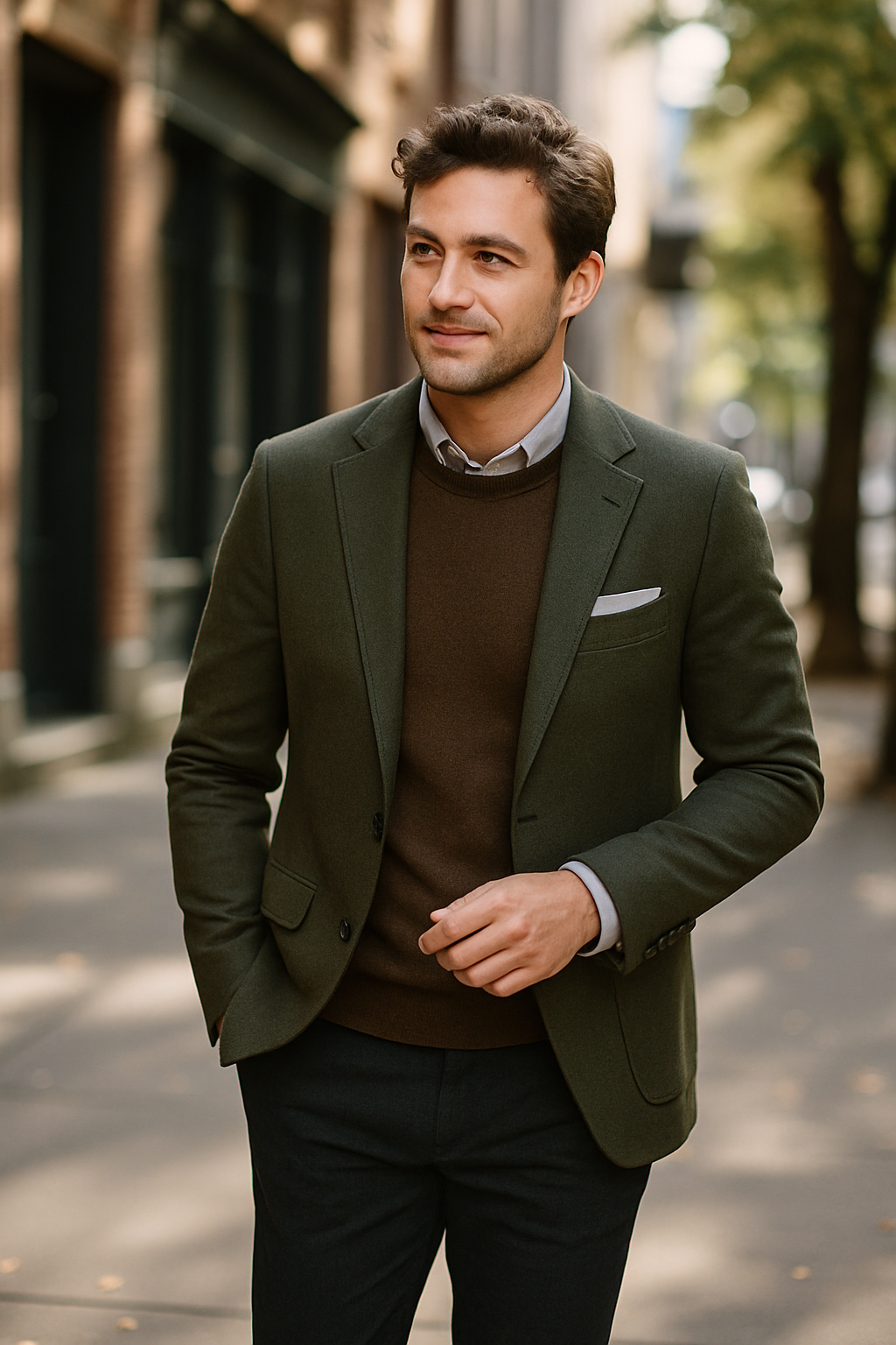 A man wearing an olive green suit with a brown sweater, walking confidently on the street.