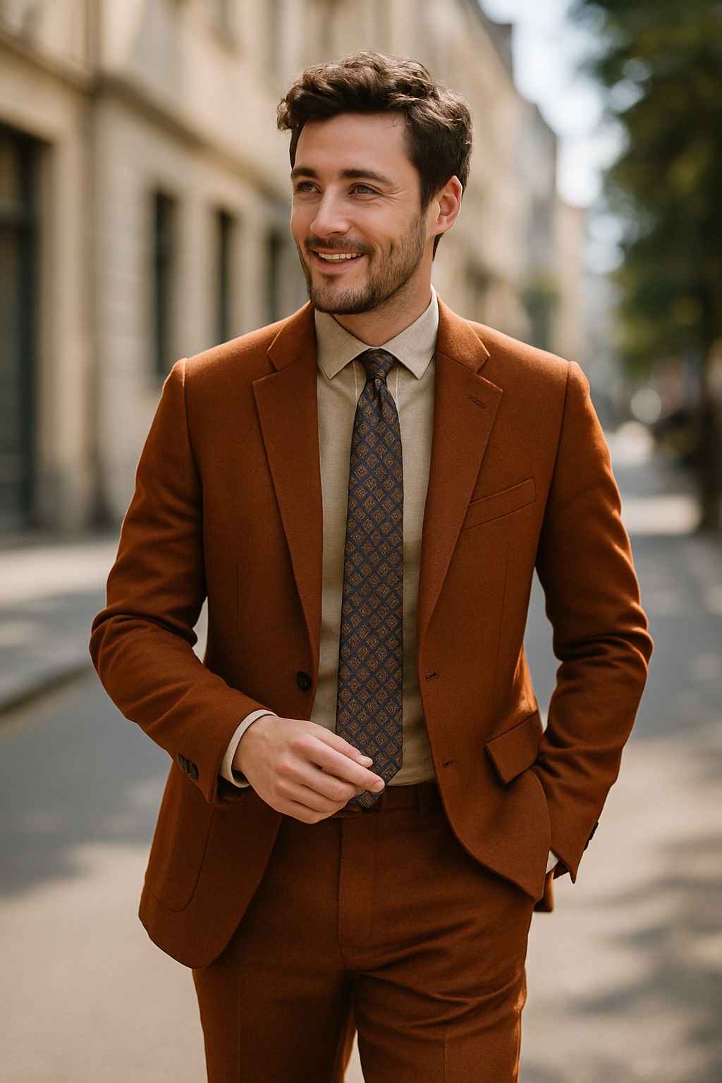 A man wearing an orange suit with a beige shirt and patterned tie, smiling on a city street.