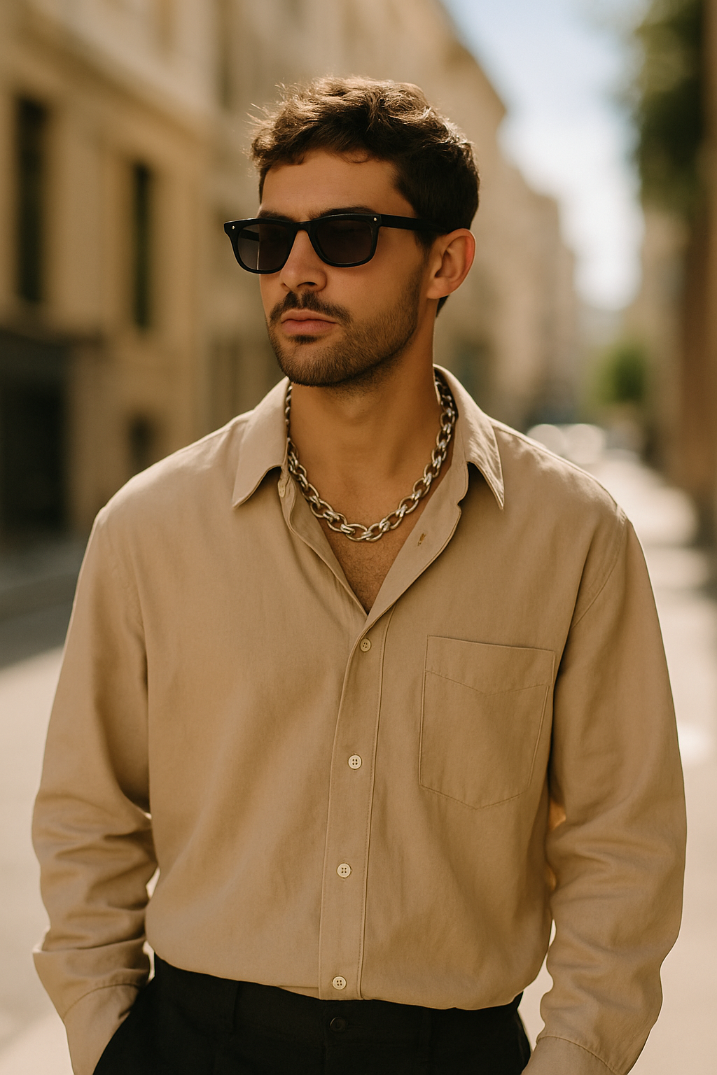 A man wearing a light beige oversized shirt, sunglasses, and a chunky chain necklace, standing on a city street.
