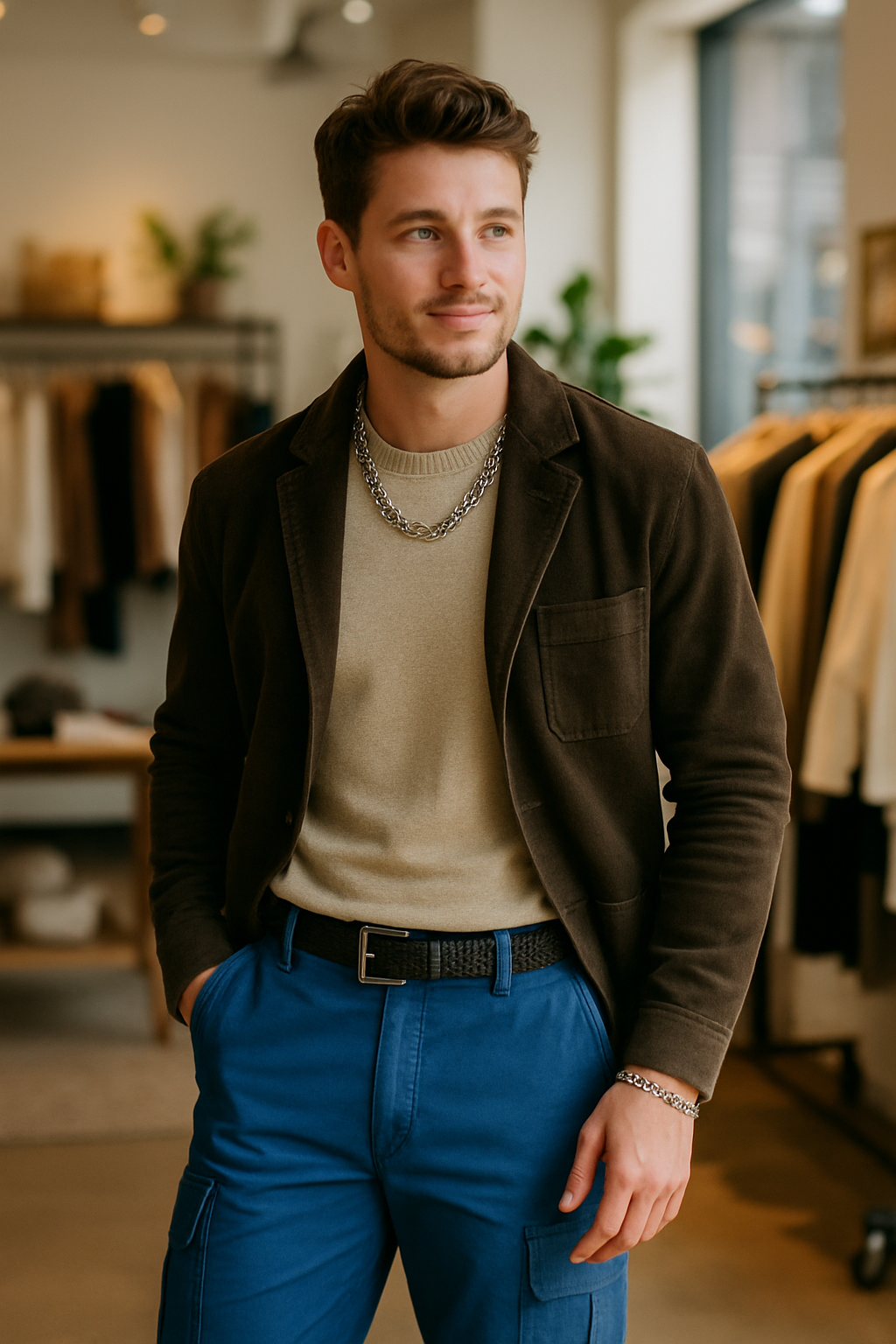 A stylish man wearing blue cargo pants with a beige sweater and brown blazer, accessorized with a chain necklace and belt.
