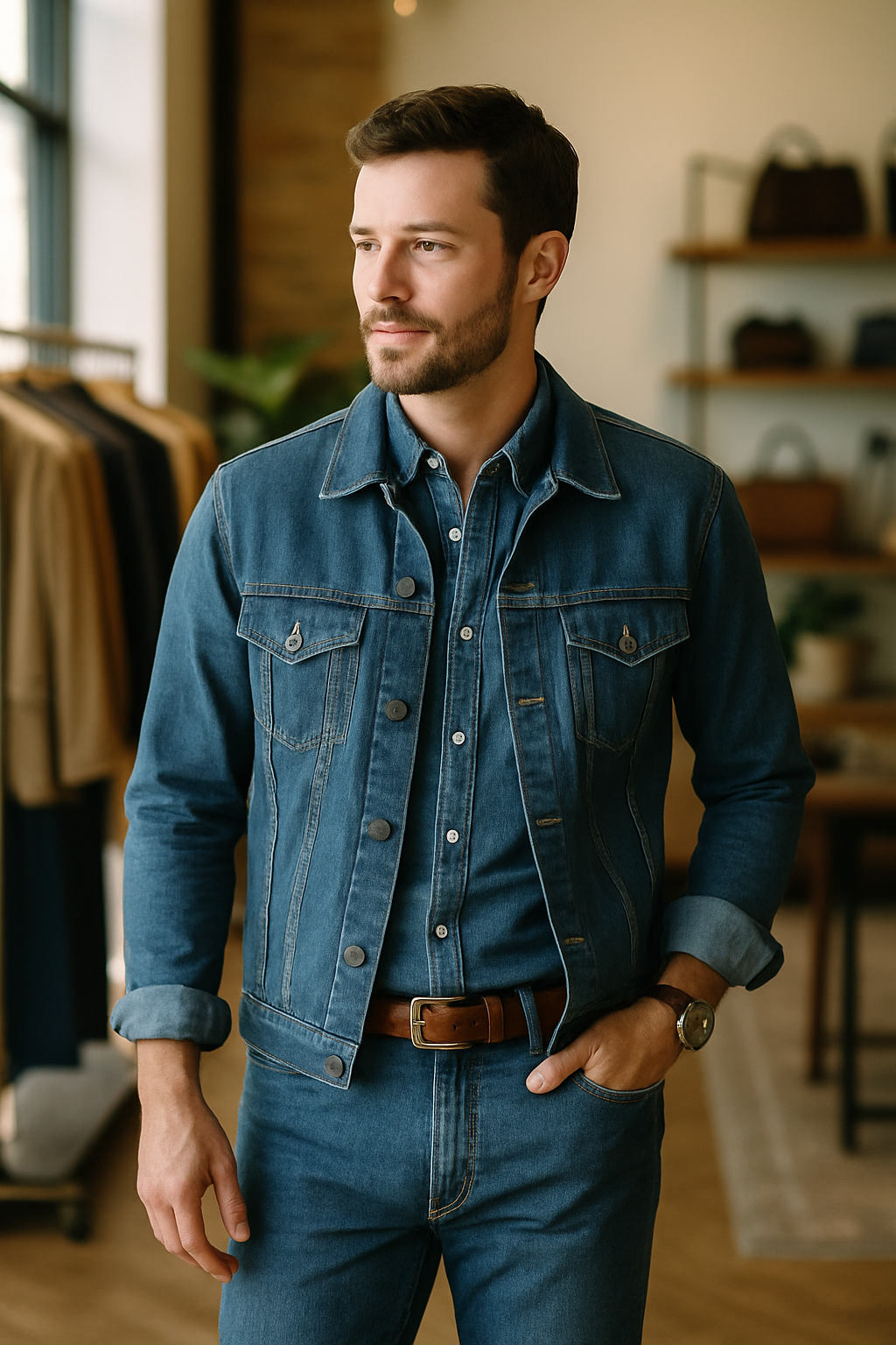A man wearing a denim jacket and shirt, accessorized with a brown leather belt and watch.