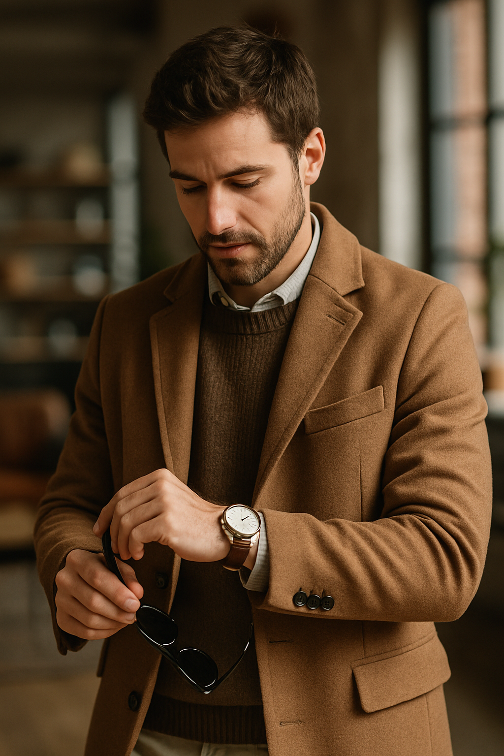 A man in a brown coat and sweater holding sunglasses, with a watch on his wrist, exemplifying clean men's outfits and stylish accessorizing.