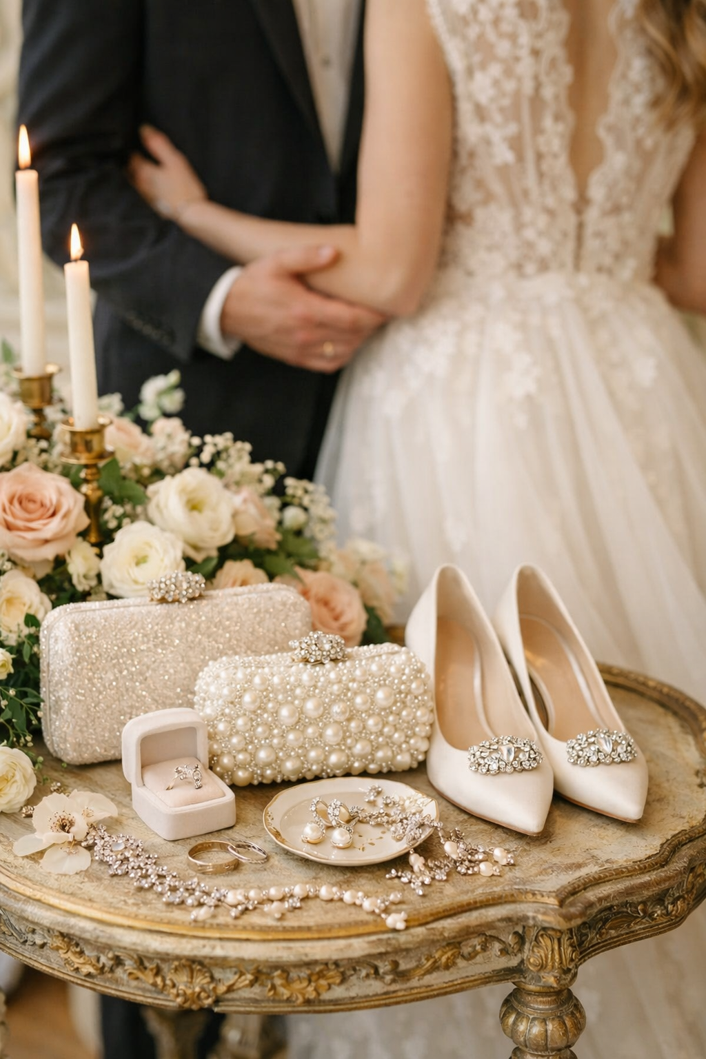 A collection of wedding accessories including shoes, clutches, and jewelry for a September wedding.