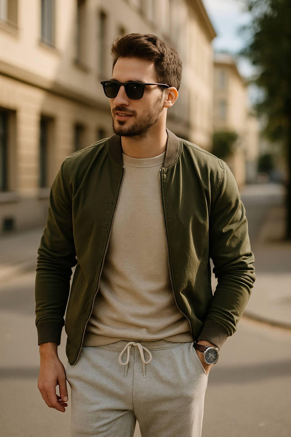 A man wearing gray sweatpants, a beige top, and an olive bomber jacket, accessorized with sunglasses and a watch, walking on a city street.