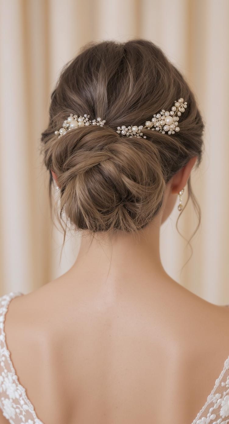 A close-up of a messy bun hairstyle adorned with pearl and floral hairpins.