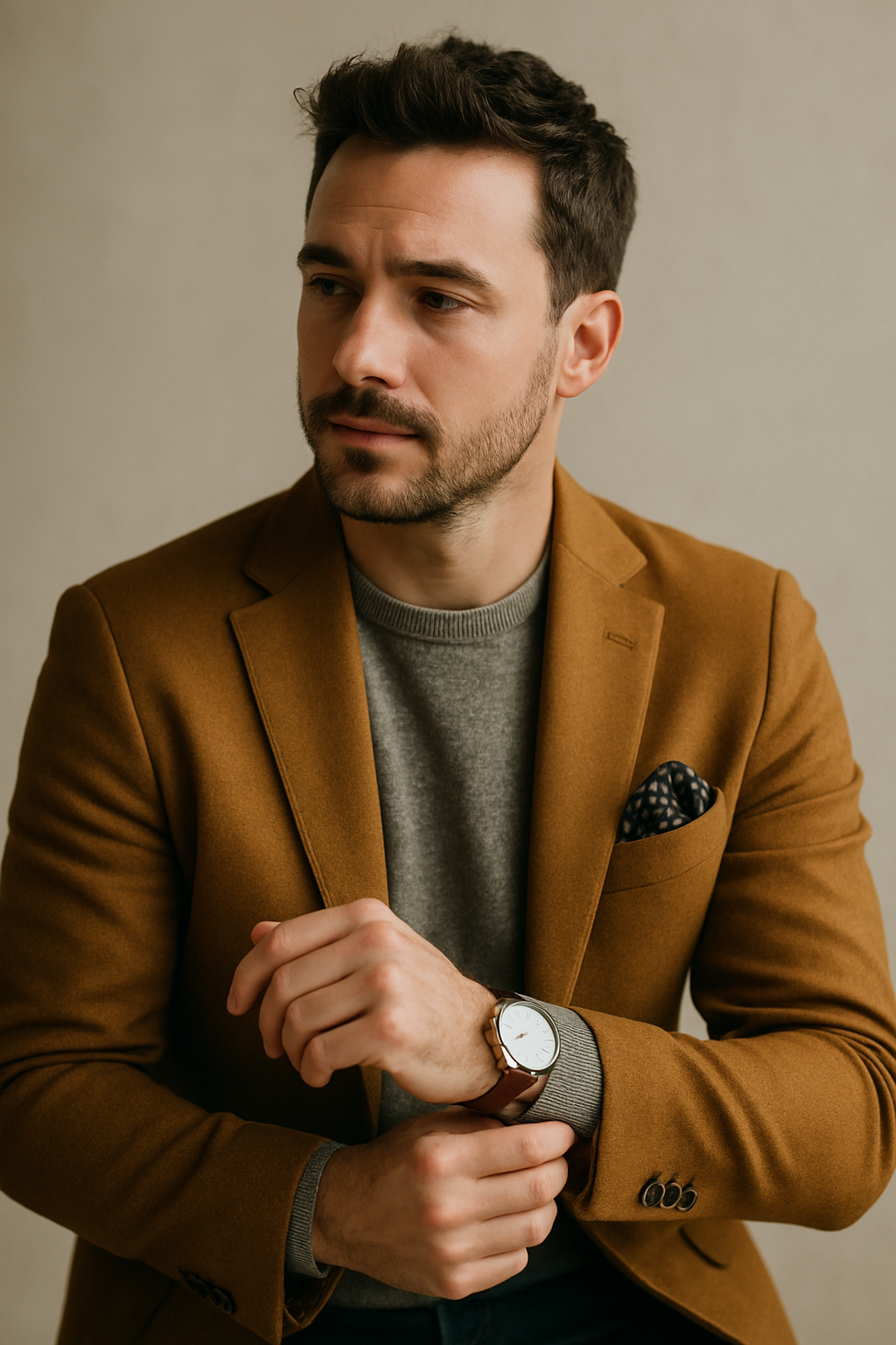 A man wearing a mustard blazer, gray sweater, and a patterned pocket square, checking his watch.