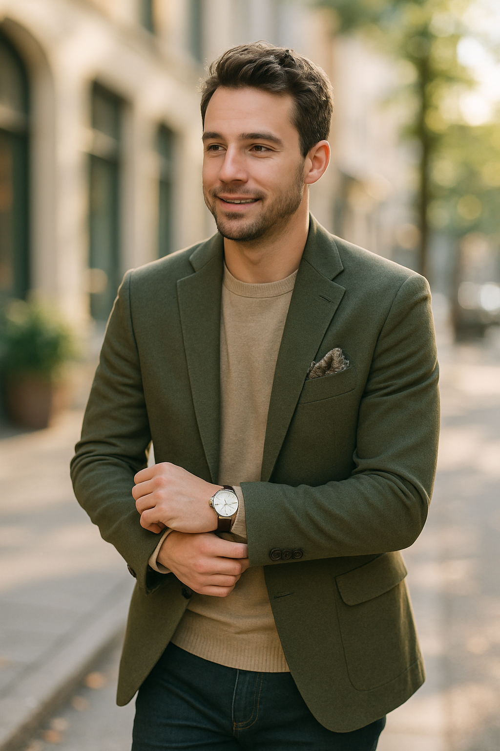 A man wearing an olive blazer with a beige sweater and a stylish watch, smiling outdoors.