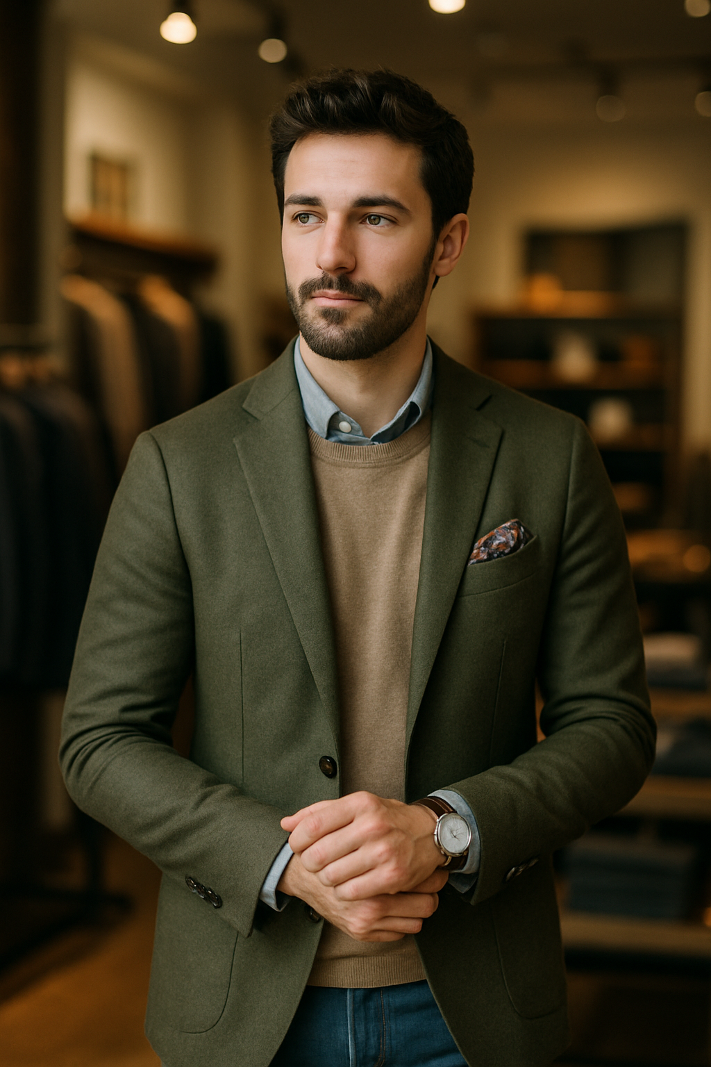 A man wearing an olive blazer over a sweater with a light blue shirt, accessorized with a pocket square and a watch.
