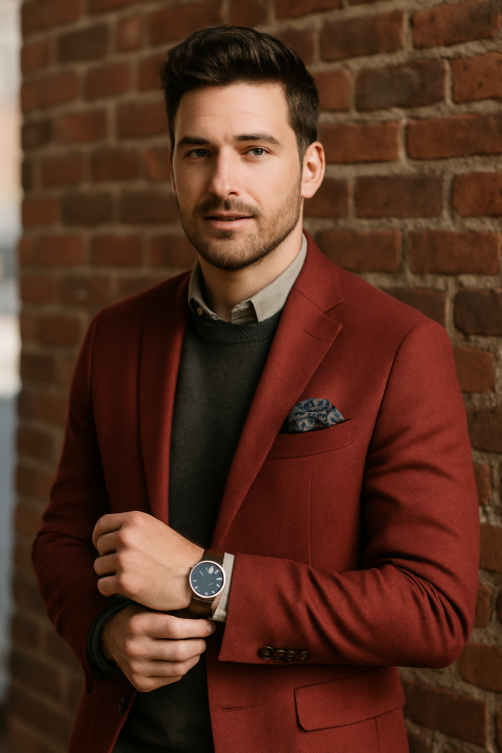 A man in a red blazer with a gray sweater and collared shirt, wearing a pocket square and a watch.